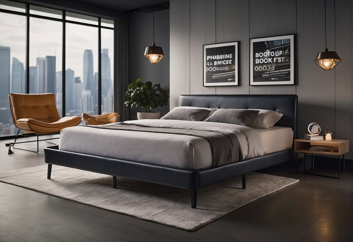 A sleek, modern bed frame surrounded by various promotional deals and packages, with bold signage highlighting the savings