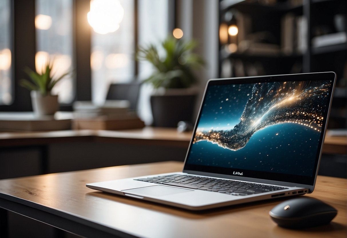 A sleek, modern laptop sits on a clean, clutter-free desk, surrounded by a few essential accessories. The room is well-lit, exuding a professional and productive atmosphere