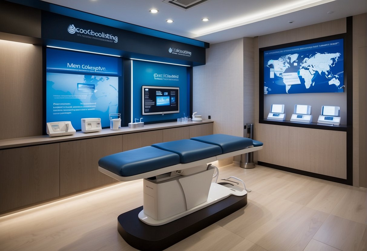 A modern CoolSculpting clinic in Singapore with sleek equipment and comfortable treatment rooms. Promotional banners and brochures displayed