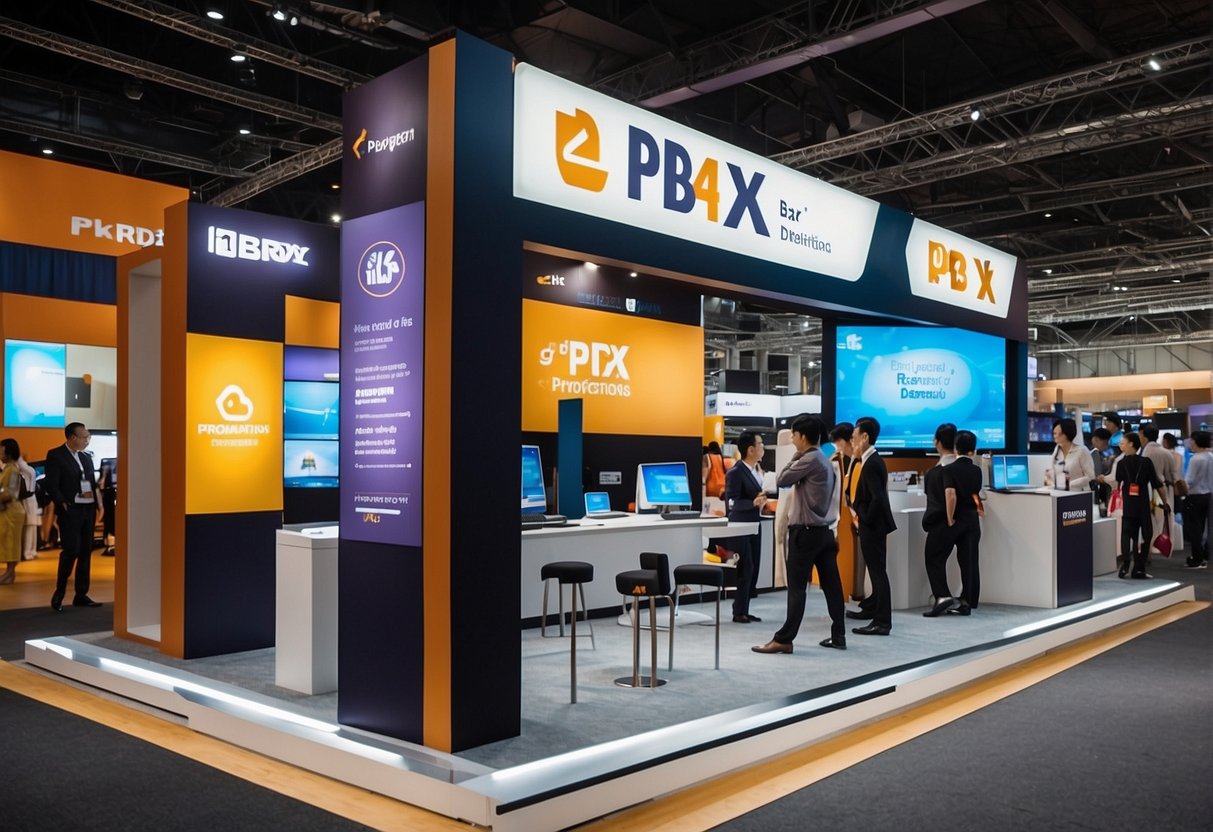 Brightly lit PBX promotions booth at a bustling Singapore trade show. Bold signage, interactive displays, and engaging staff