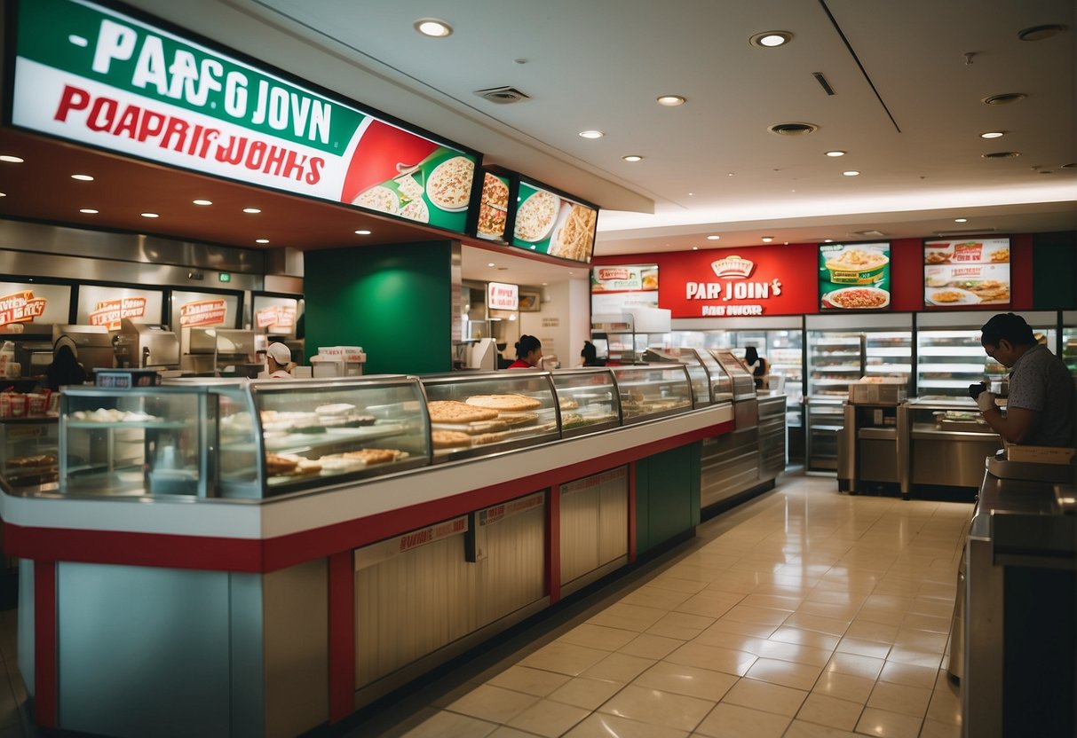 A bustling Papa John's store in Singapore, with colorful promotional signs and a queue of customers