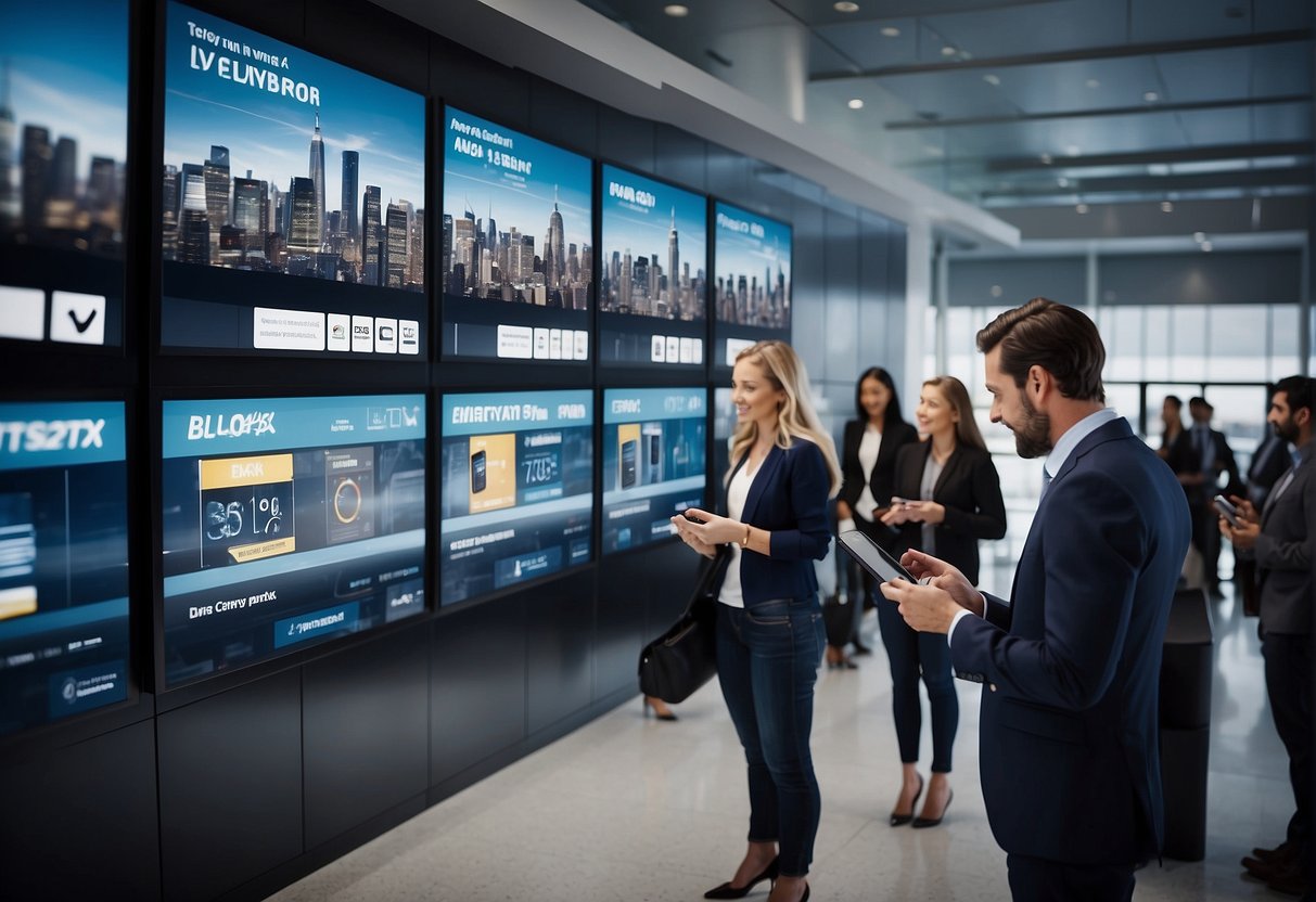 A group of people eagerly exploring a display of sleek, modern phone systems with promotional banners and signs highlighting the latest features and deals