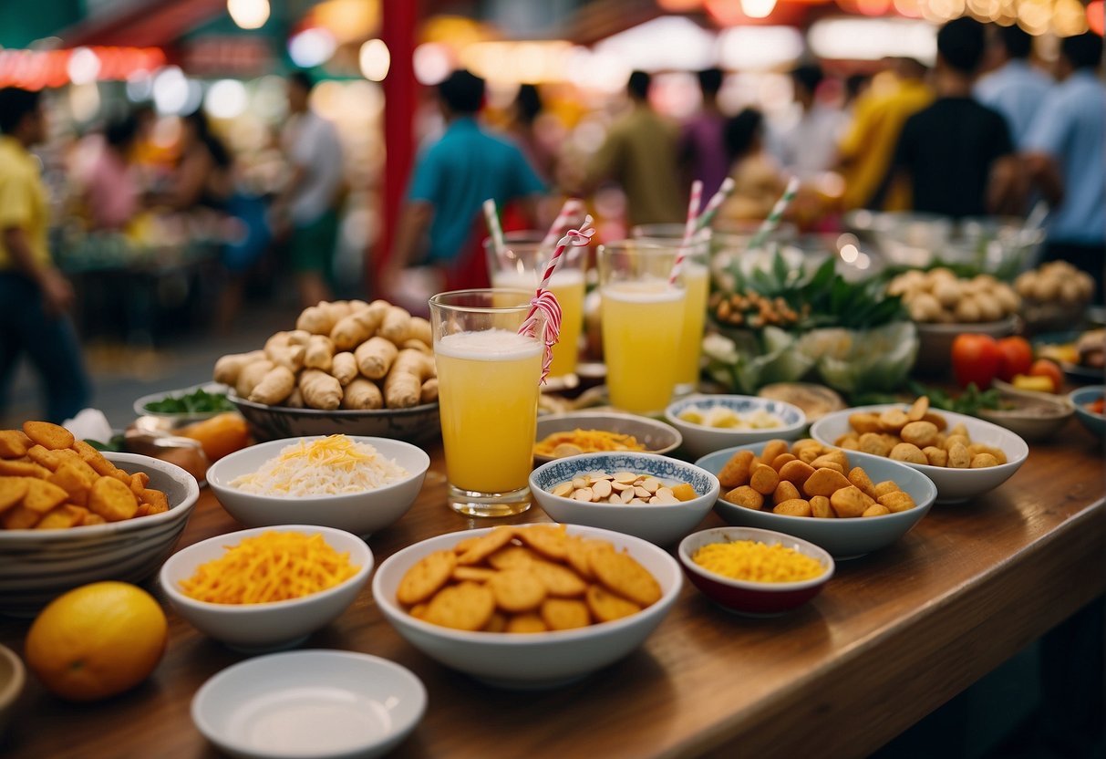 A festive table filled with an array of ginger-infused dishes and drinks, adorned with colorful promotional signs, set against the backdrop of a bustling Singaporean market