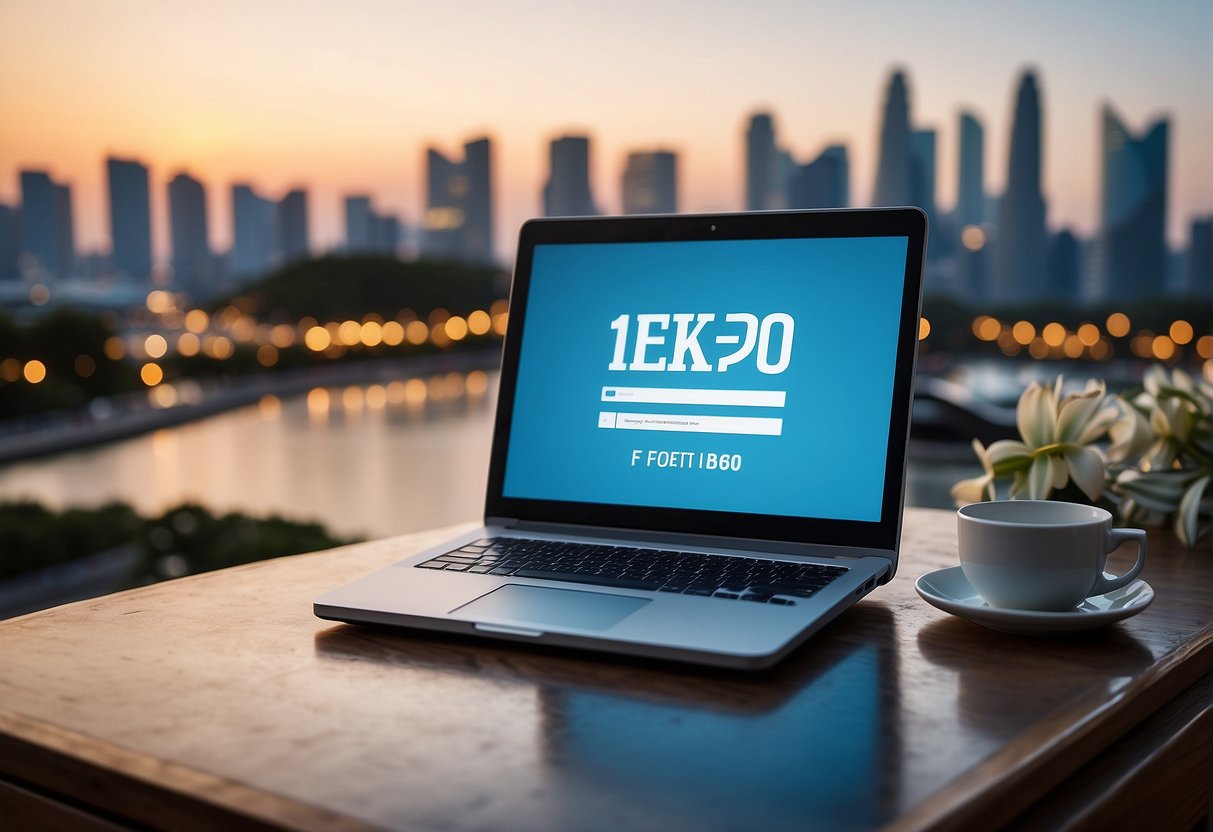 A notebook with "Frequently Asked Questions" printed on the cover, surrounded by promotional materials, set against a backdrop of iconic Singapore landmarks