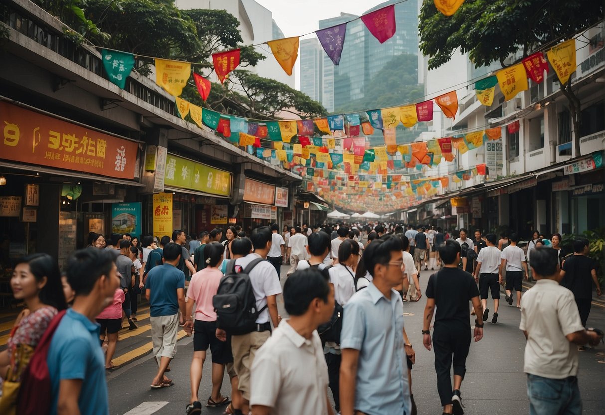 A bustling street in Singapore, with colorful banners and signs promoting Giligan's. People walk by, drawn to the lively atmosphere
