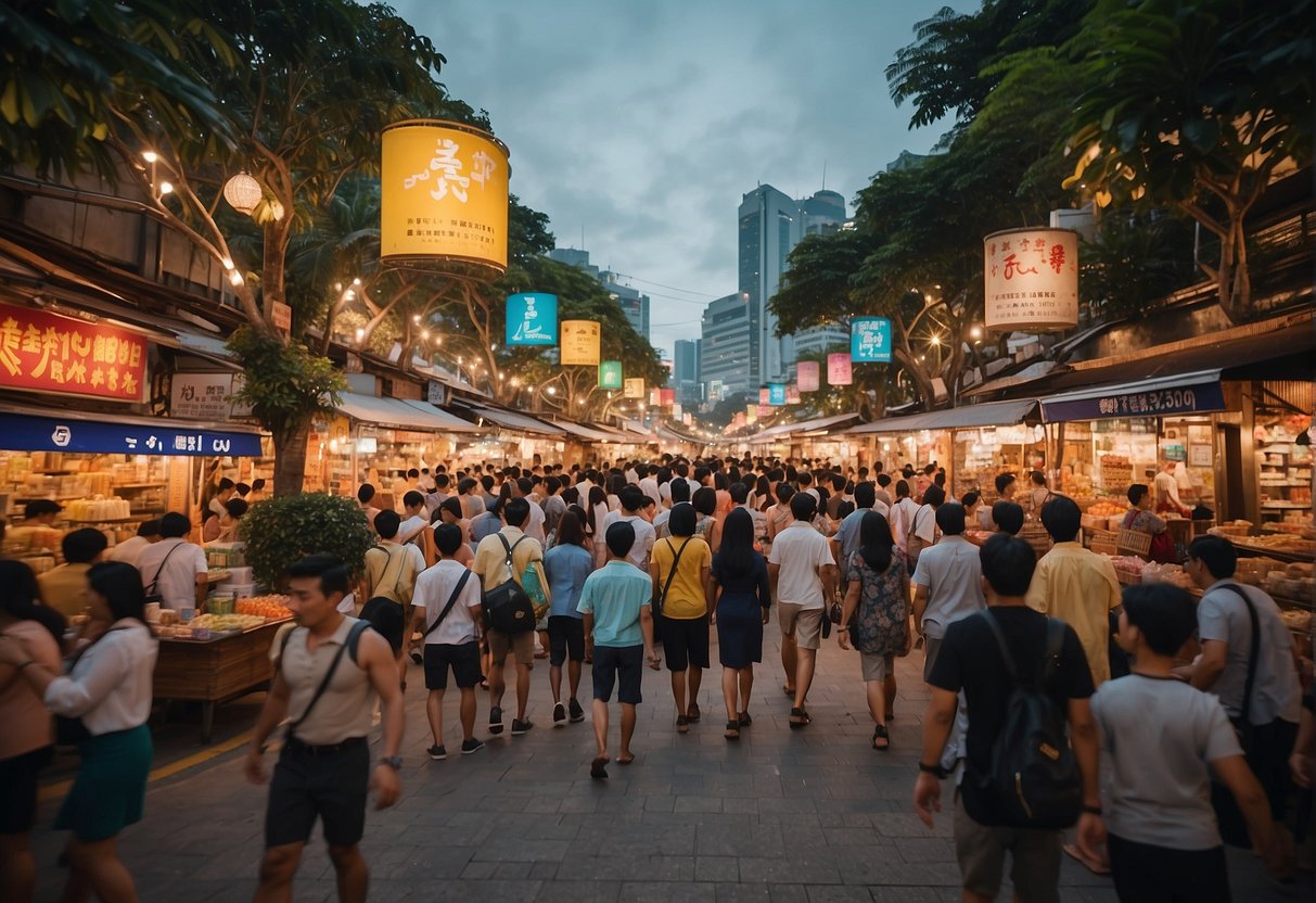 A bustling street in Singapore, with colorful banners and signs promoting various products and events. The atmosphere is lively and vibrant