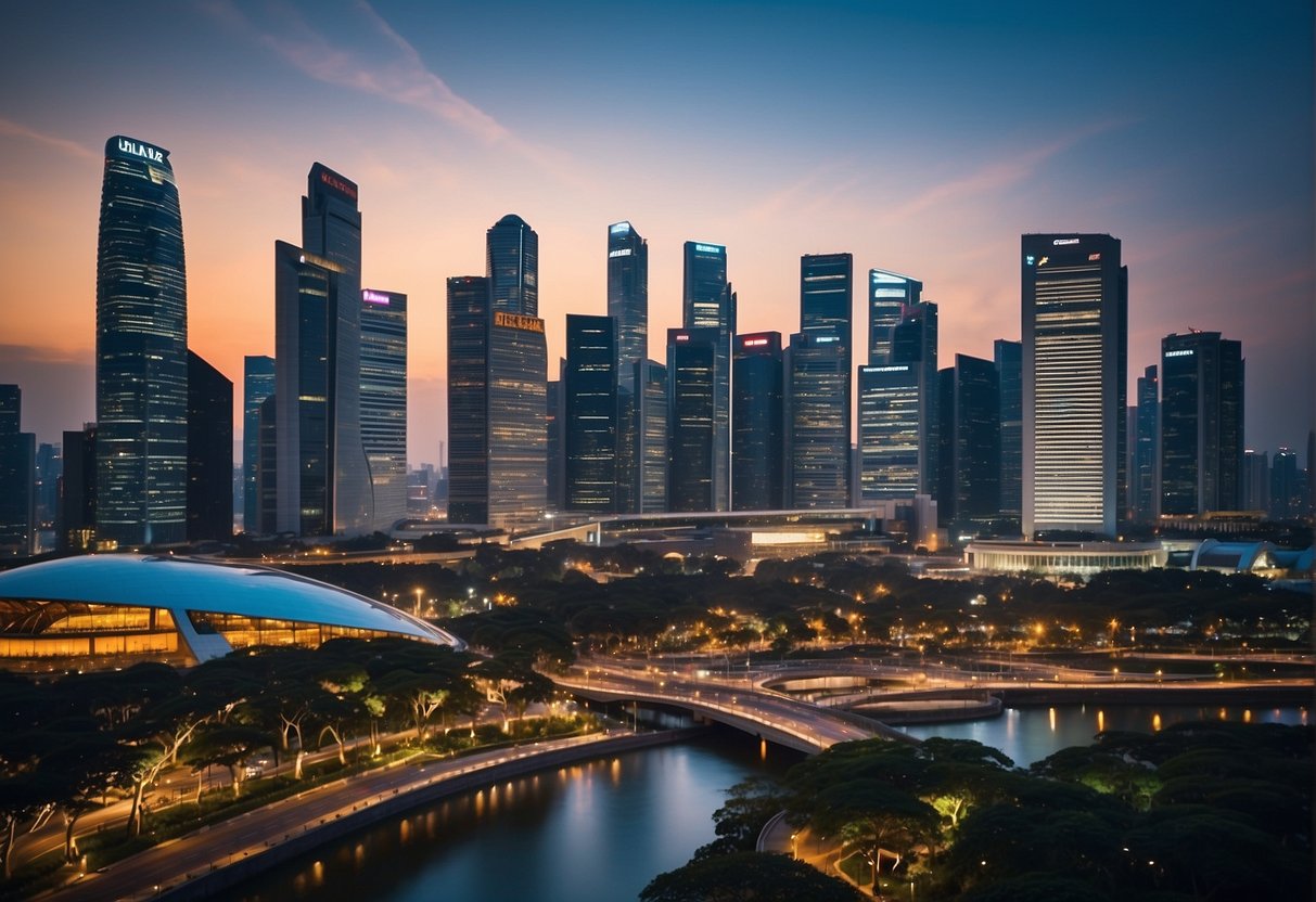 A vibrant cityscape of Singapore with iconic landmarks, bustling streets, and Gymshark promotions displayed on billboards and storefronts