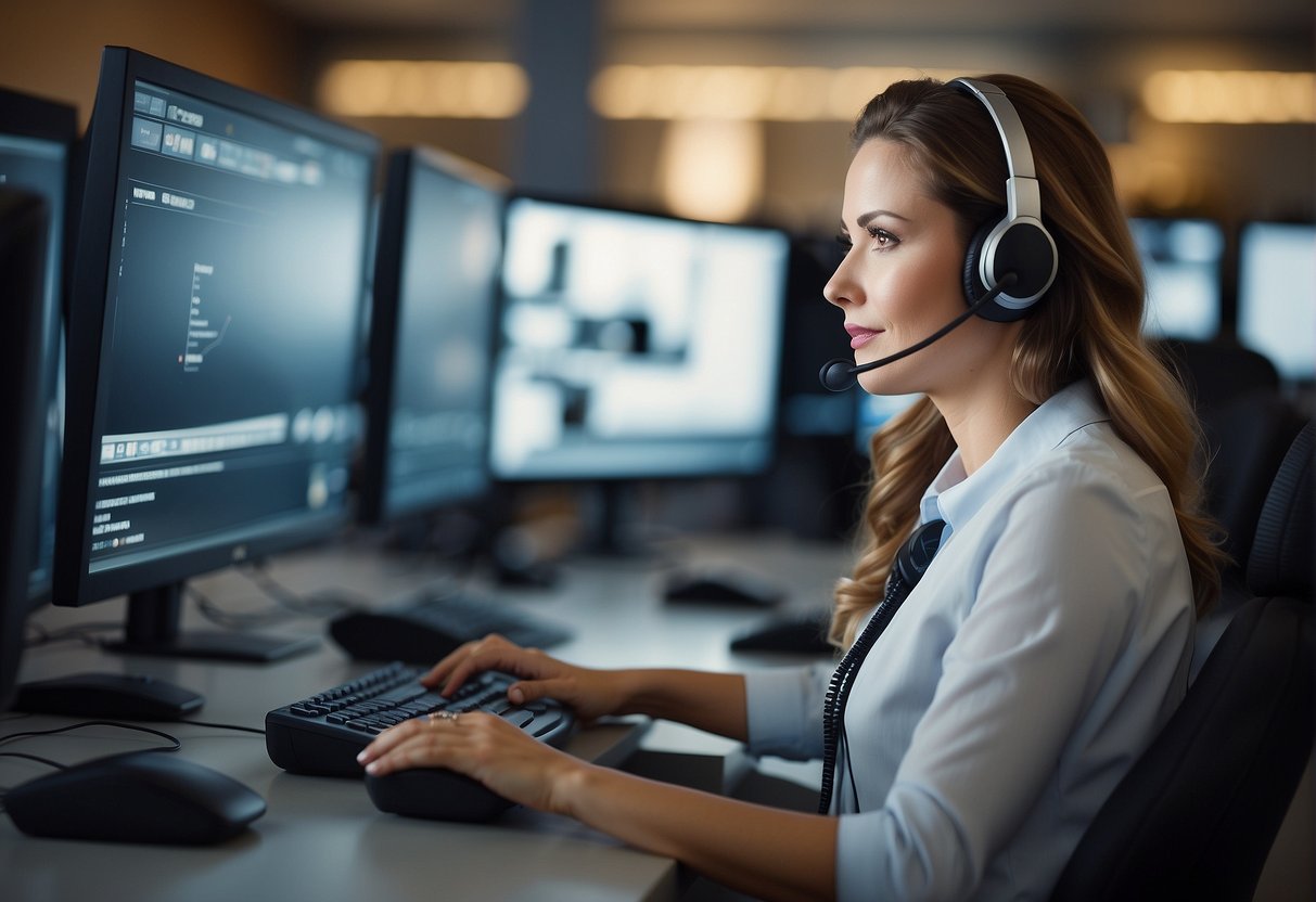 A call center agent uses advanced telephony features to assist customers, surrounded by computer monitors and a sleek, modern office environment