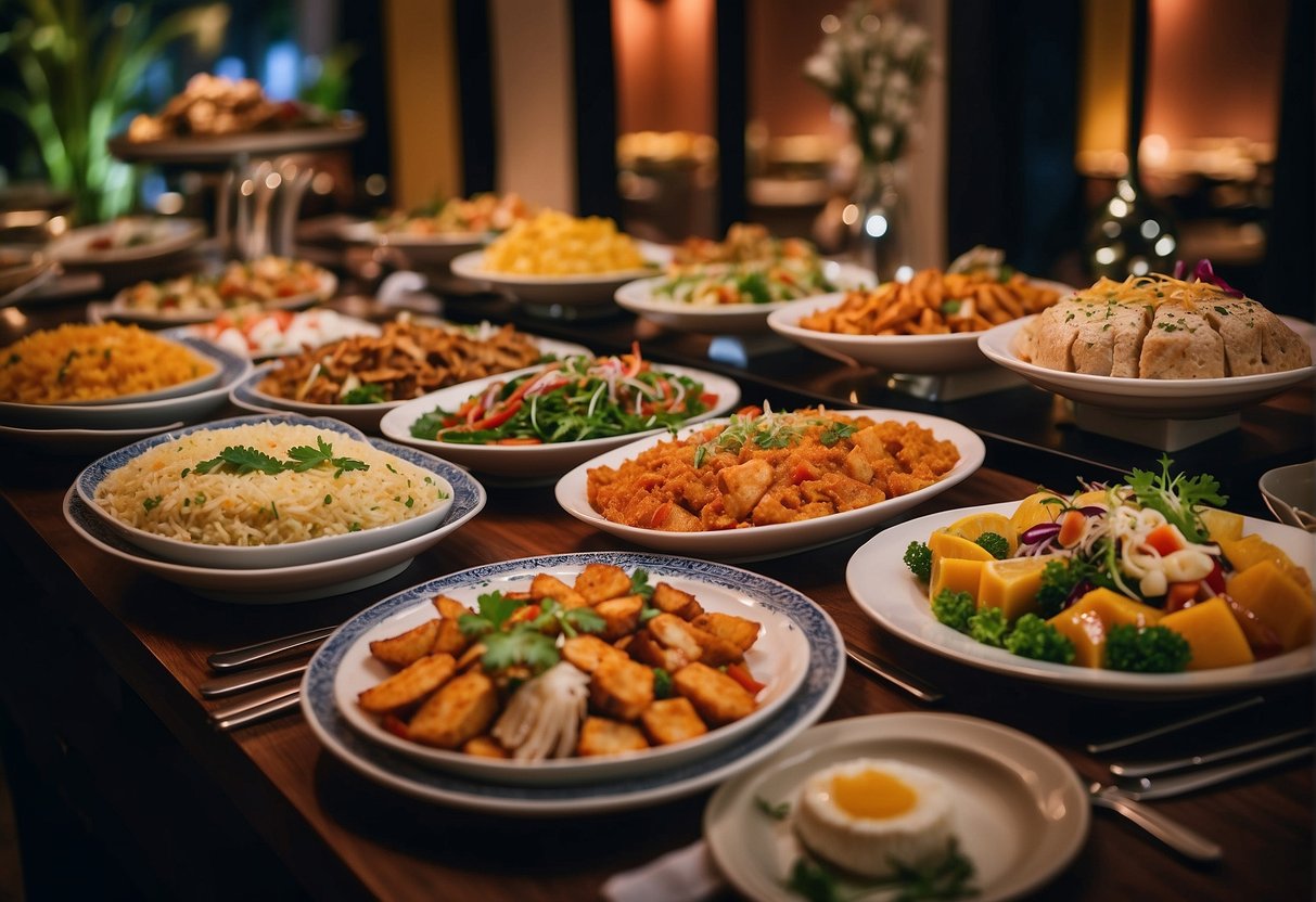 A lavish buffet spread at Ginger restaurant, with colorful dishes and elegant table settings, showcasing exquisite dining promotions in Singapore