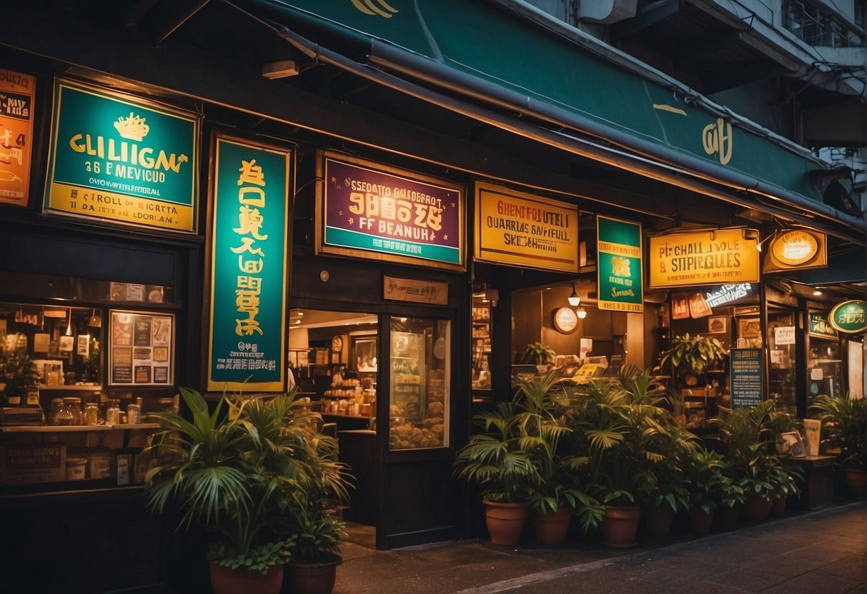 Colorful banners and signs promoting current promotions at Giligan's in Singapore