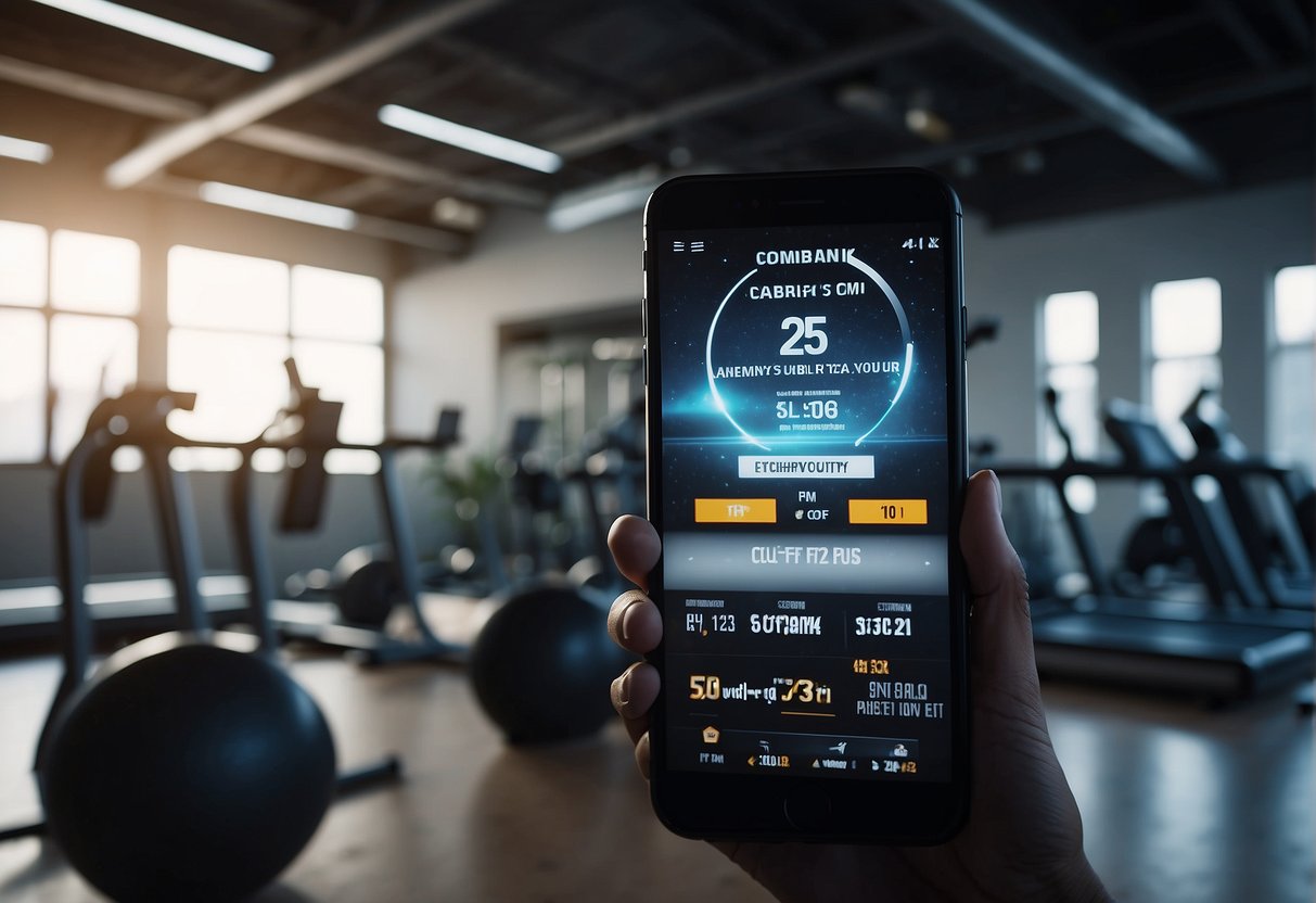Brightly lit gym with 2024 promotions displayed on digital screens and posters. Bold Gymshark logo visible. Active individuals working out in the background