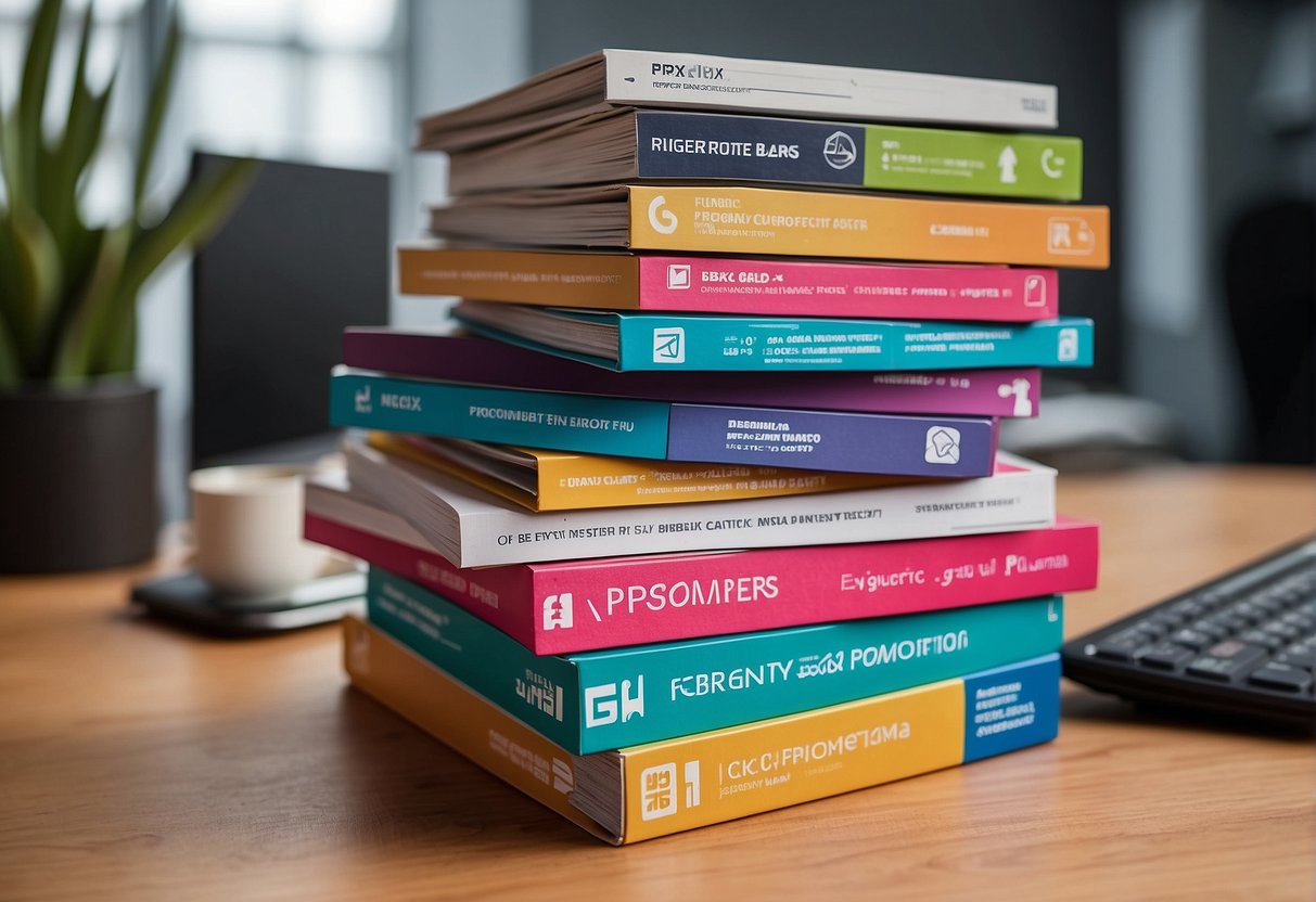 A stack of colorful flyers with "Frequently Asked Questions pbx promotions singapore" prominently displayed, surrounded by a variety of office supplies and a modern desk setup