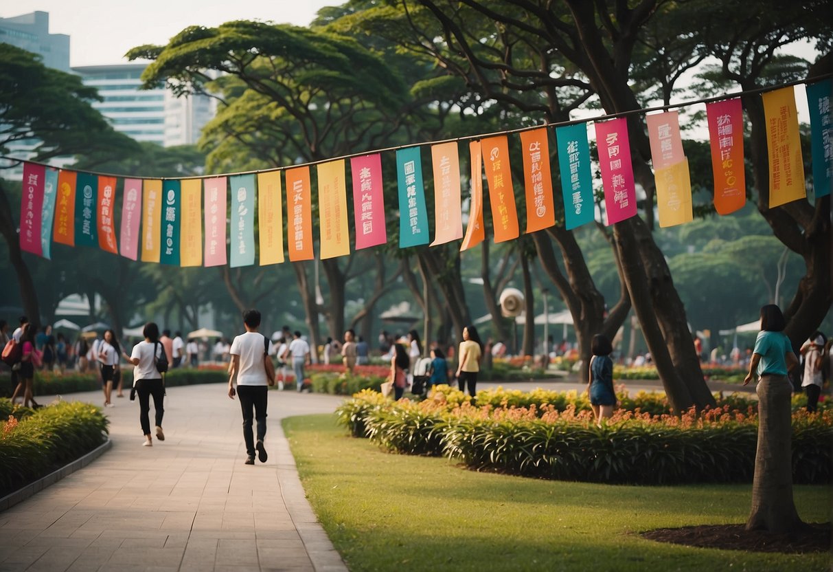 A bustling People's Park with colorful banners and lively promotions in Singapore