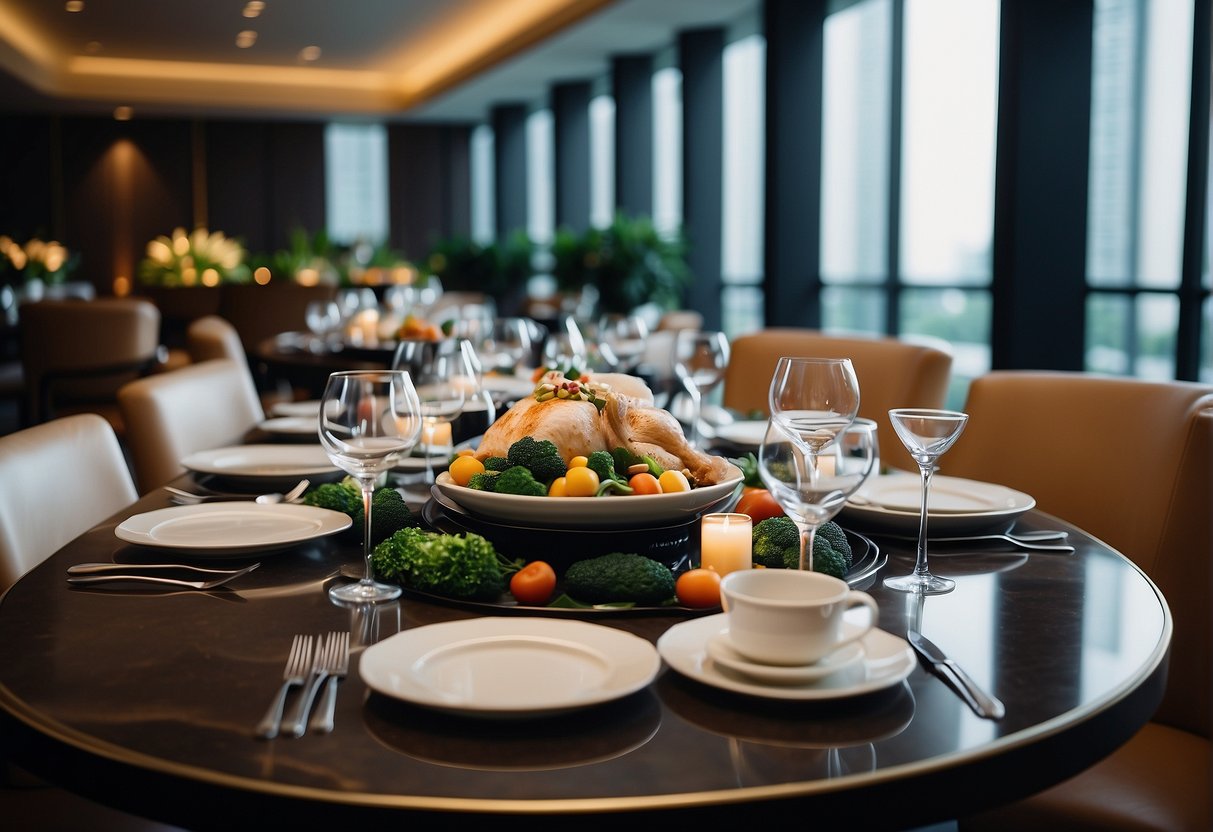 A luxurious dining setting at Grand Hyatt Singapore with elegant table settings and exquisite cuisine on display