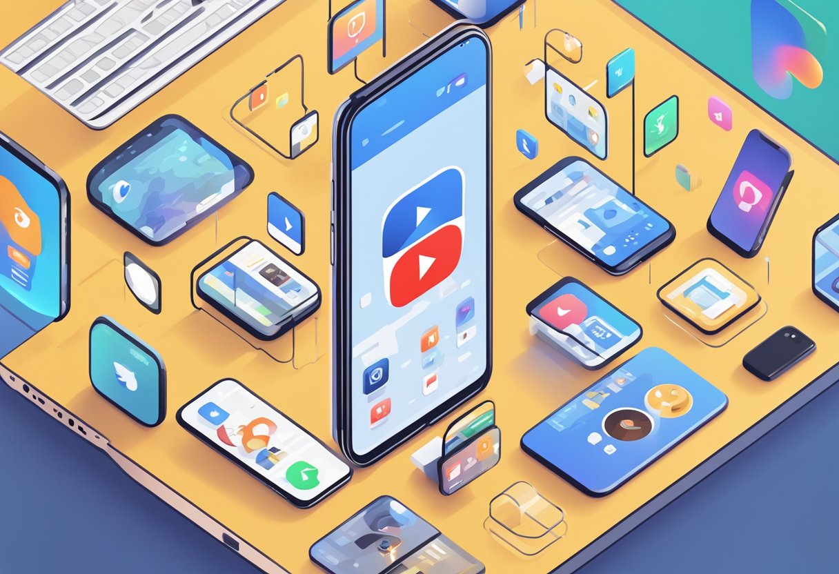 A smartphone with a YouTube Shorts logo on the screen, surrounded by icons of social media platforms and a growing number of views and likes