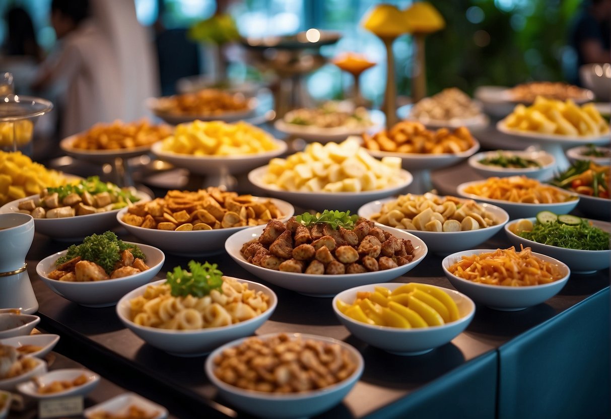 A table filled with exclusive offers for cardholders and special occasions at a ginger buffet in Singapore. Brightly colored promotional signs and enticing dishes on display