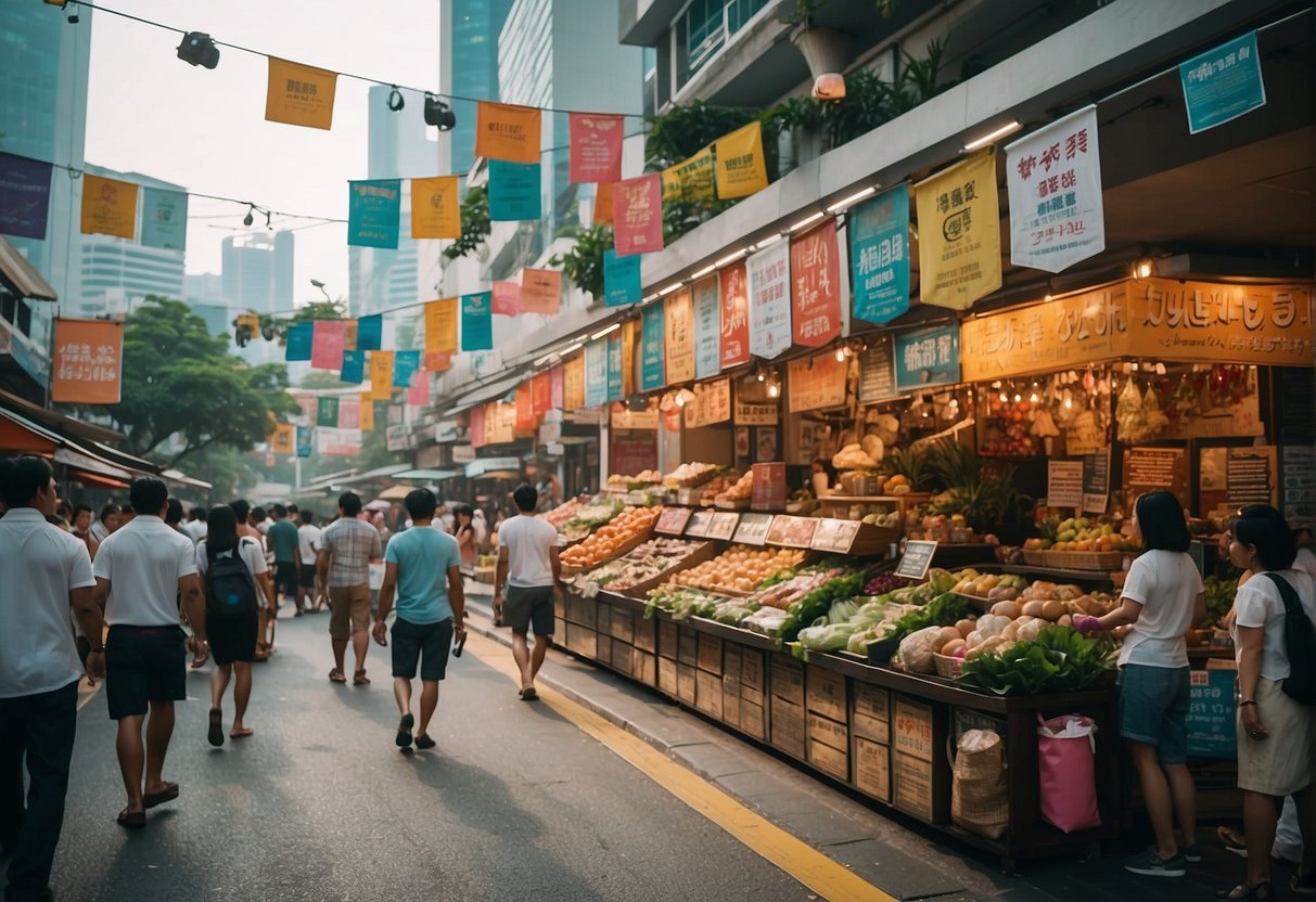 A bustling city street with colorful banners and signs promoting "Details and Partners" and "Giligans" in Singapore