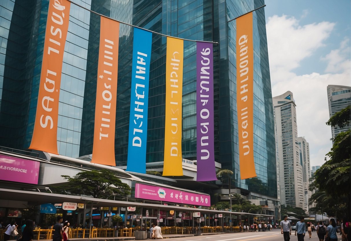 A bustling city street in Singapore with colorful signs and banners promoting Philips products