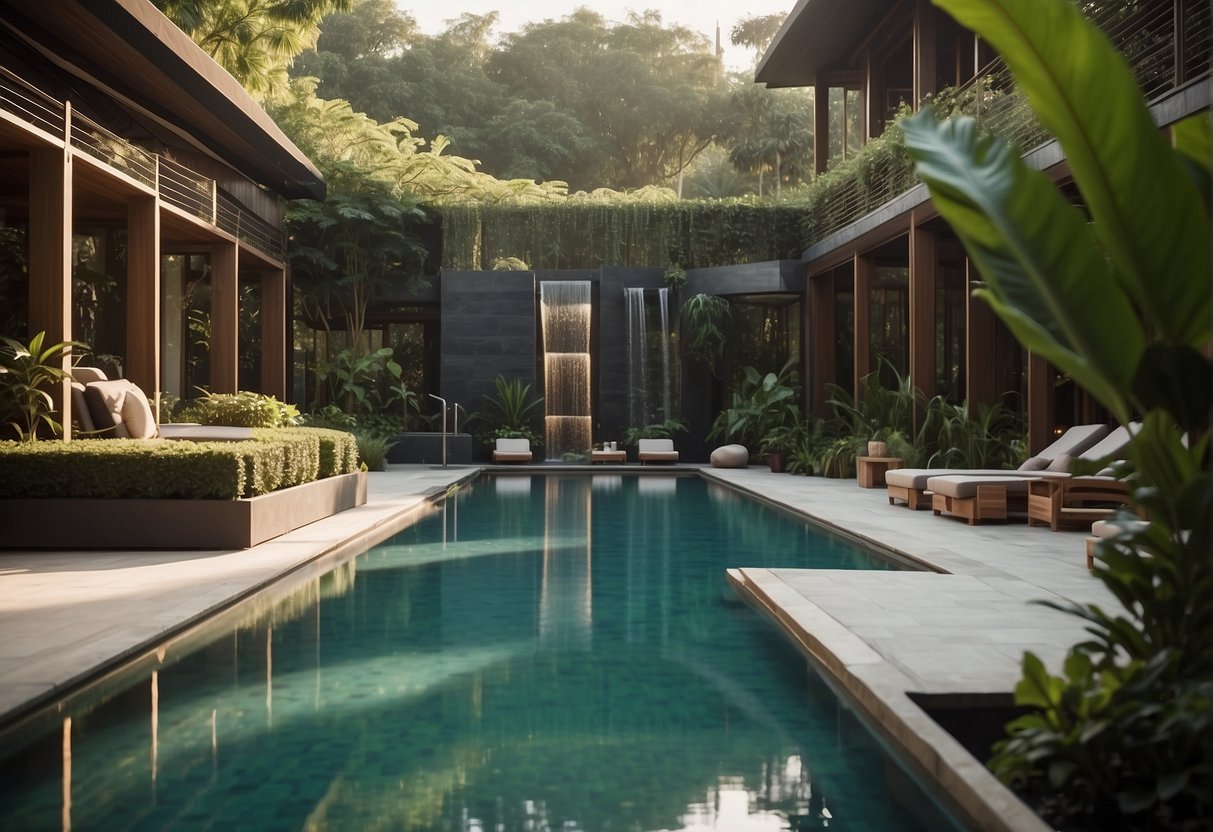 A serene spa with luxurious suites, surrounded by lush greenery and tranquil water features. A sense of calm and rejuvenation fills the air