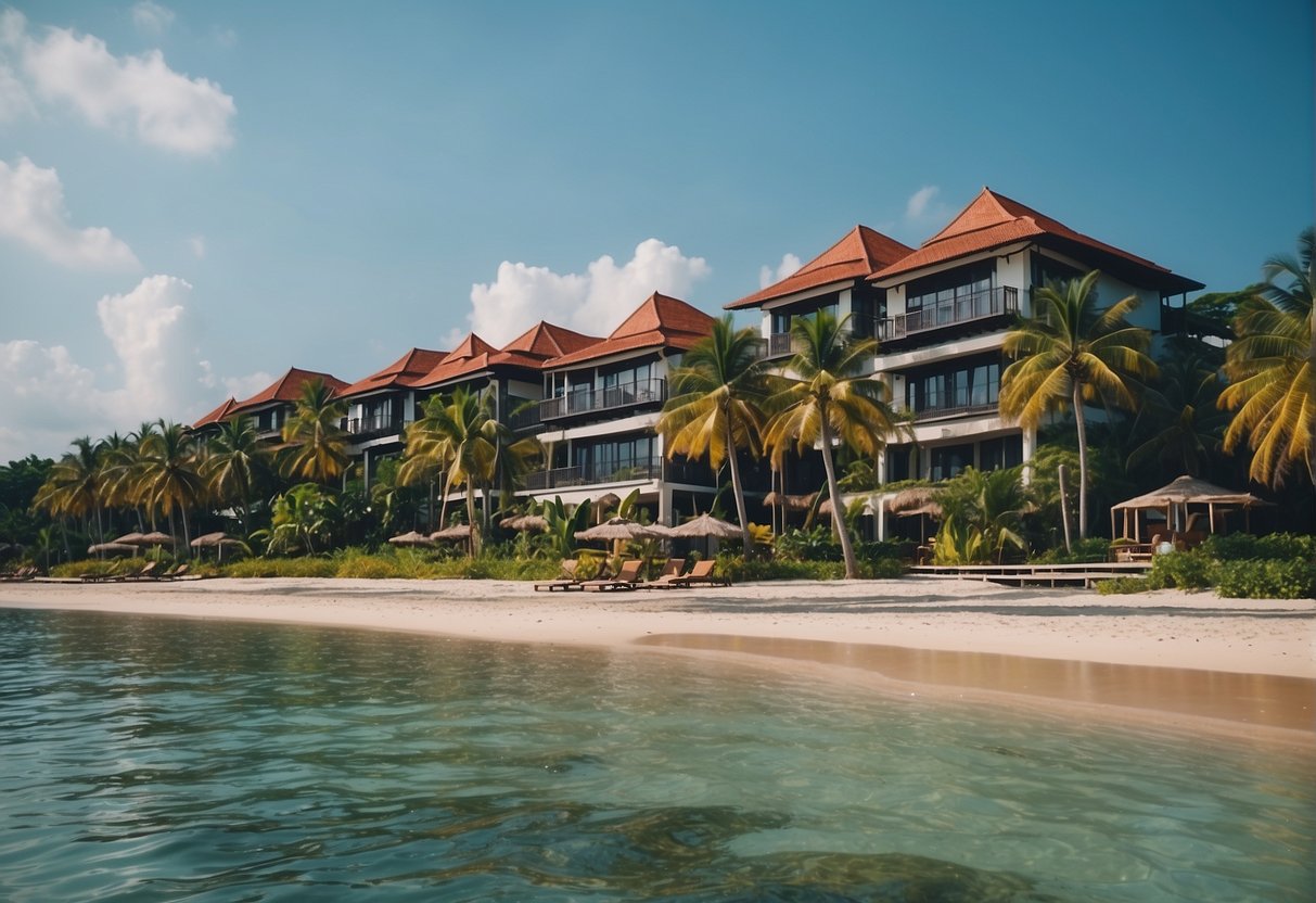A colorful beachfront resort in Bintan, Singapore, with palm trees, crystal-clear waters, and luxurious accommodations