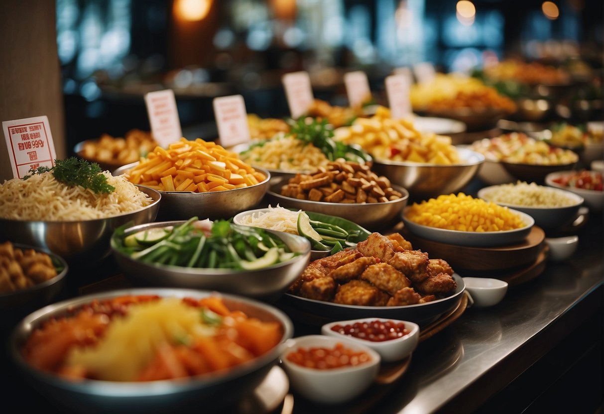 A colorful buffet spread with ginger-infused dishes, adorned with promotional signs, in a bustling Singapore restaurant