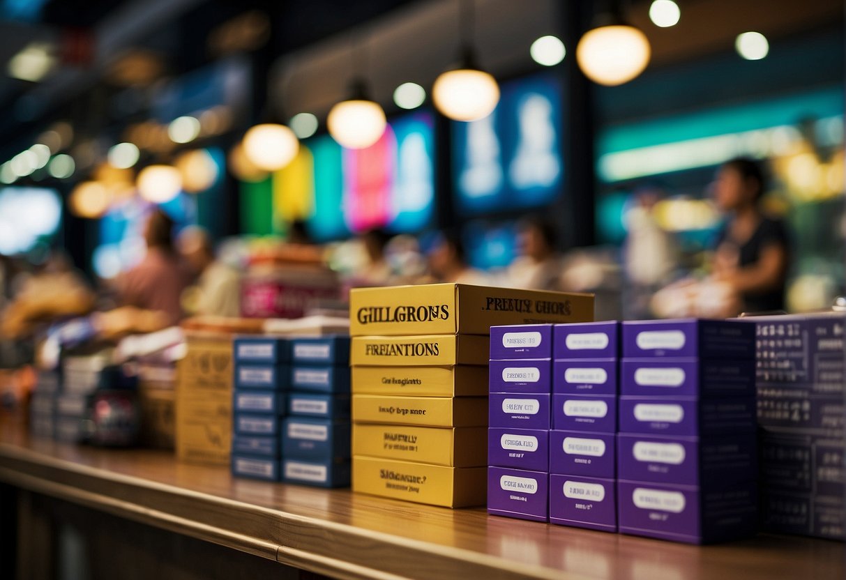 A colorful display of promotional materials with the text "Frequently Asked Questions giligans promotions singapore" in a busy Singapore marketplace