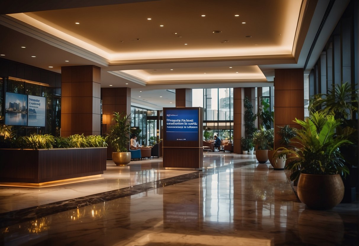 A bustling hotel lobby with a prominent "Frequently Asked Questions" sign next to a display of promotional materials at Grand Hyatt Singapore