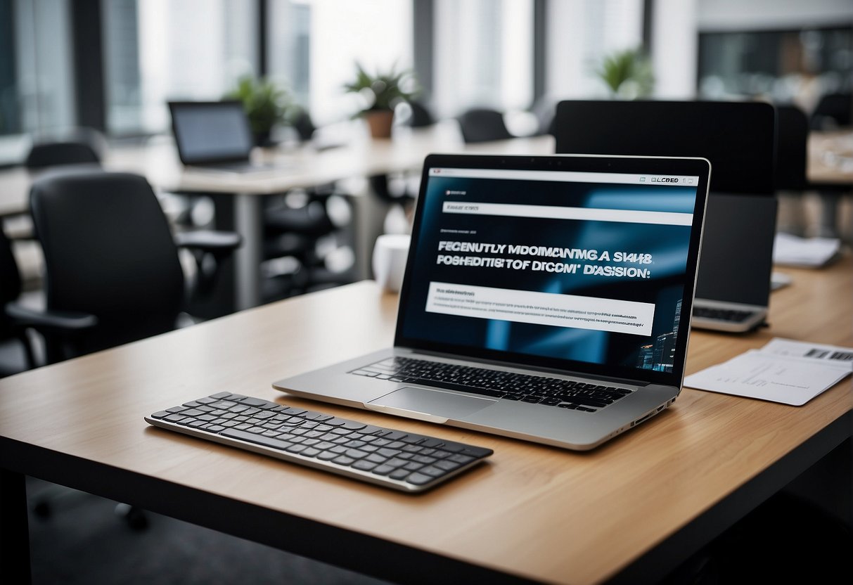 A stack of promotional flyers and a laptop displaying "Frequently Asked Questions" on a desk in a bustling Singapore office