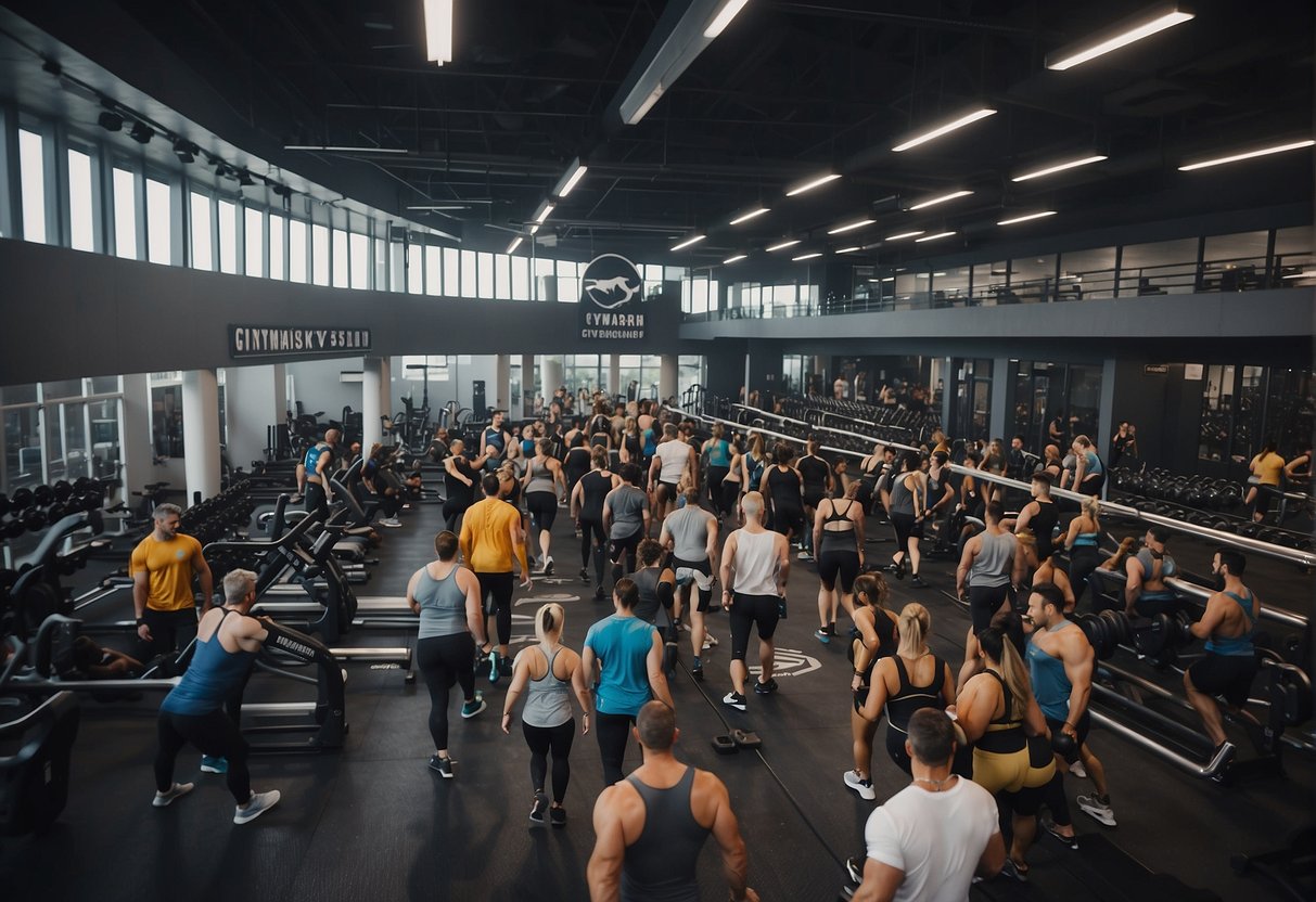 A crowded gym with Gymshark promotional banners displayed prominently