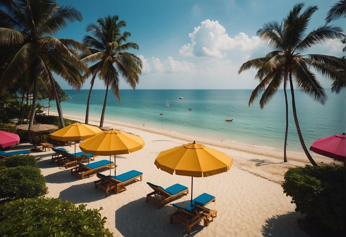 A vibrant beach scene with palm trees, clear blue waters, and colorful umbrellas, showcasing promotional banners for Bintan Resorts