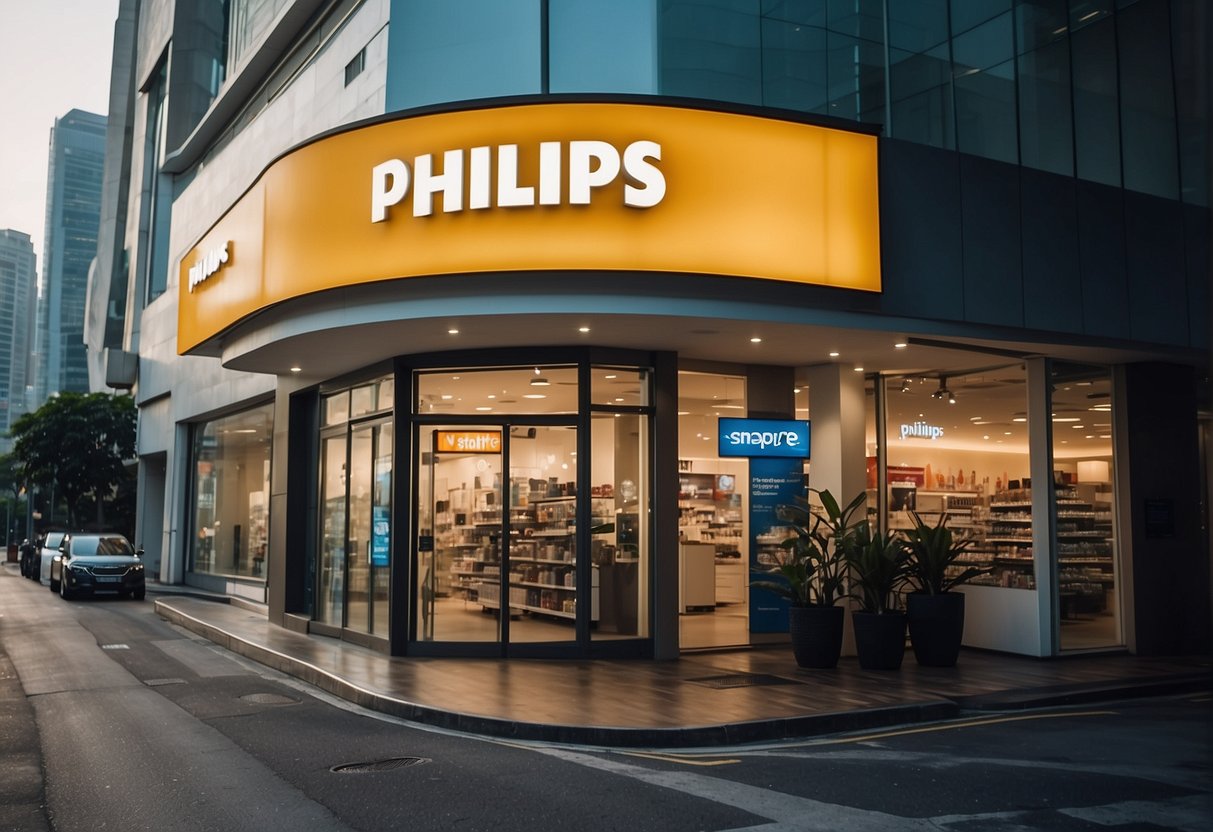 A bright, modern Singaporean storefront displays exclusive Philips promotions, with eye-catching signage and enticing product displays
