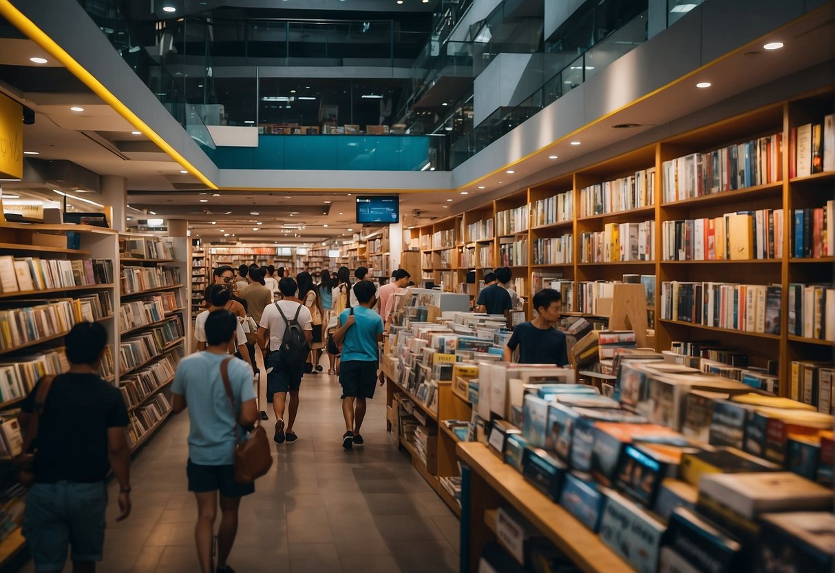 A bustling bookstore in Singapore with colorful promotional displays and crowded aisles