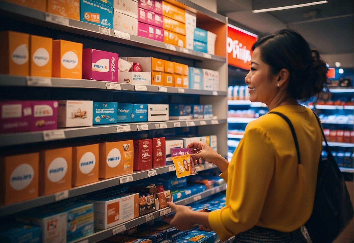A customer eagerly selects discounted Philips products at a Singapore store, surrounded by colorful promotional signs