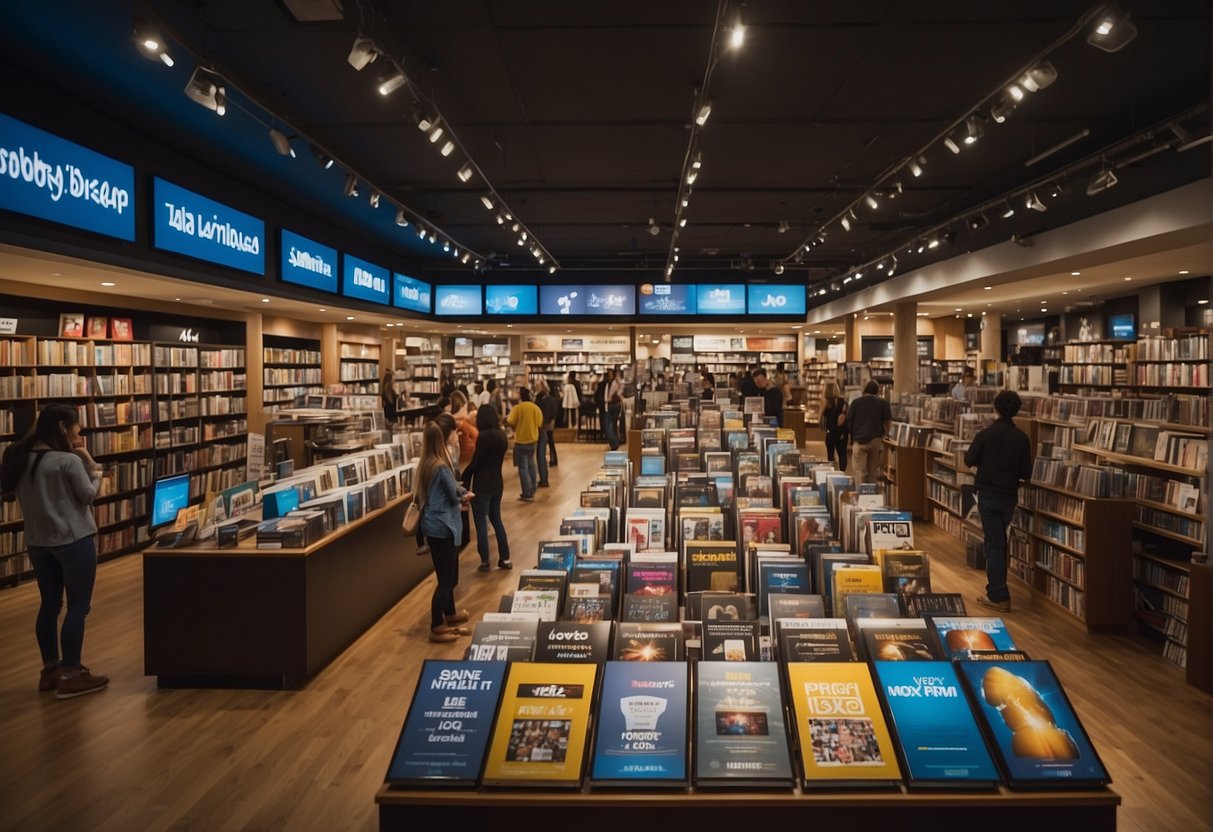 A crowded bookstore with colorful displays of IT products and promotional signs. Customers eagerly browsing and purchasing discounted items