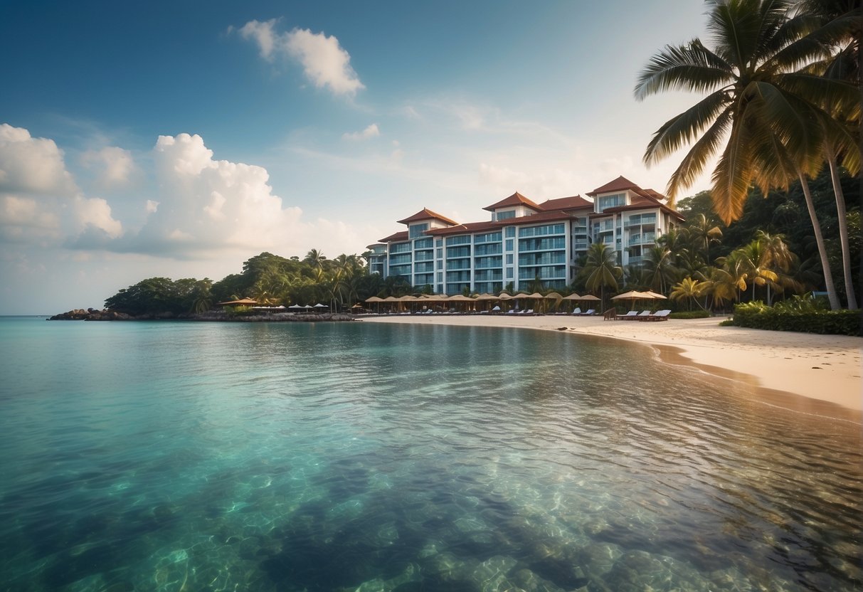 A tropical beach with palm trees, clear blue waters, and luxurious resorts lining the shore. A promotional banner with "Frequently Asked Questions bintan resorts promotion singapore" is displayed prominently