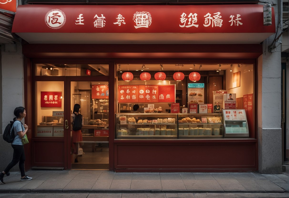 A vibrant gong cha storefront with colorful promotions displayed on the windows and a queue of customers eagerly waiting to enter