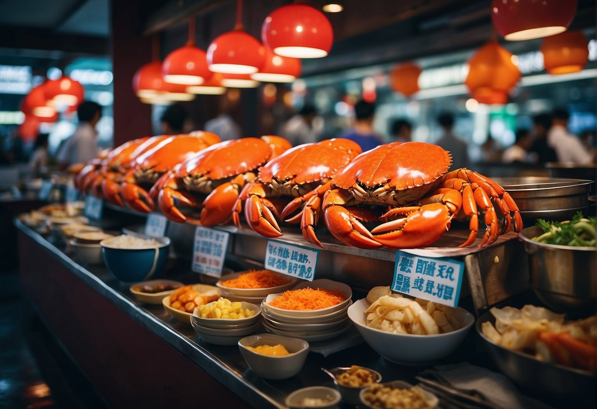 A bustling seafood restaurant in Singapore showcases jumbo crab and lobster promotions, with colorful banners and a lively atmosphere