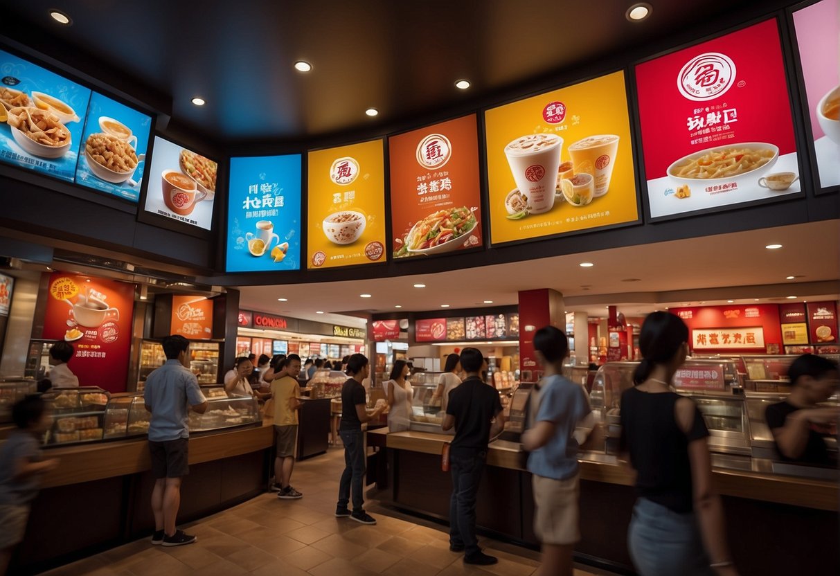 A colorful display of promotional posters and banners for Gong Cha, featuring various drink specials and discounts, with a crowd of excited customers in the background