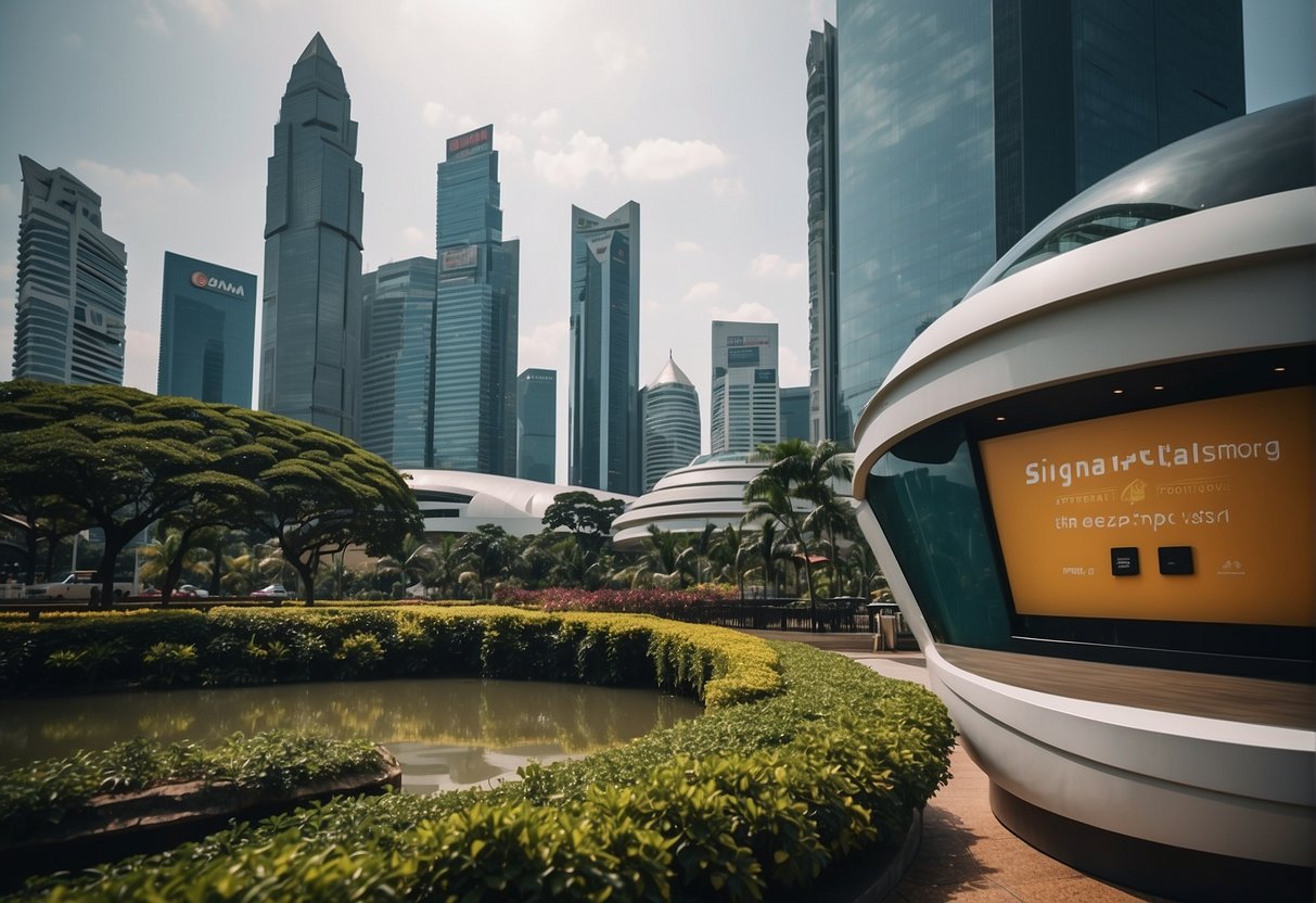 Vibrant cityscape with iconic Singapore landmarks and Osim promotions signage prominently displayed