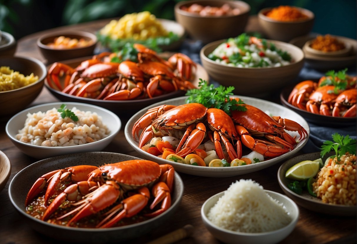A colorful spread of Singaporean seafood dishes, featuring jumbo crabs, prawns, and lobsters, surrounded by vibrant spices and herbs