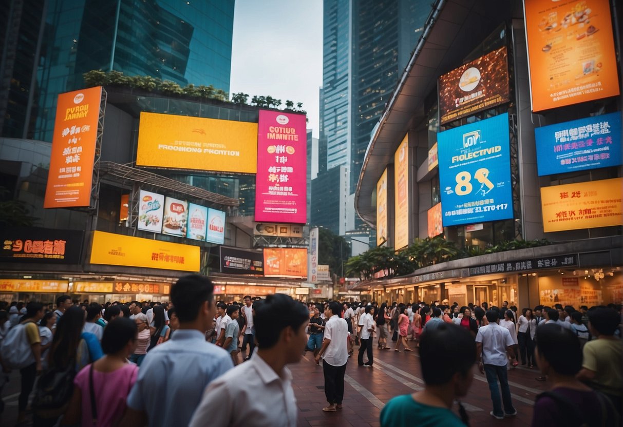 Colorful banners and signs displaying "Exciting Promotions Awaiting for You" in a vibrant Singapore setting