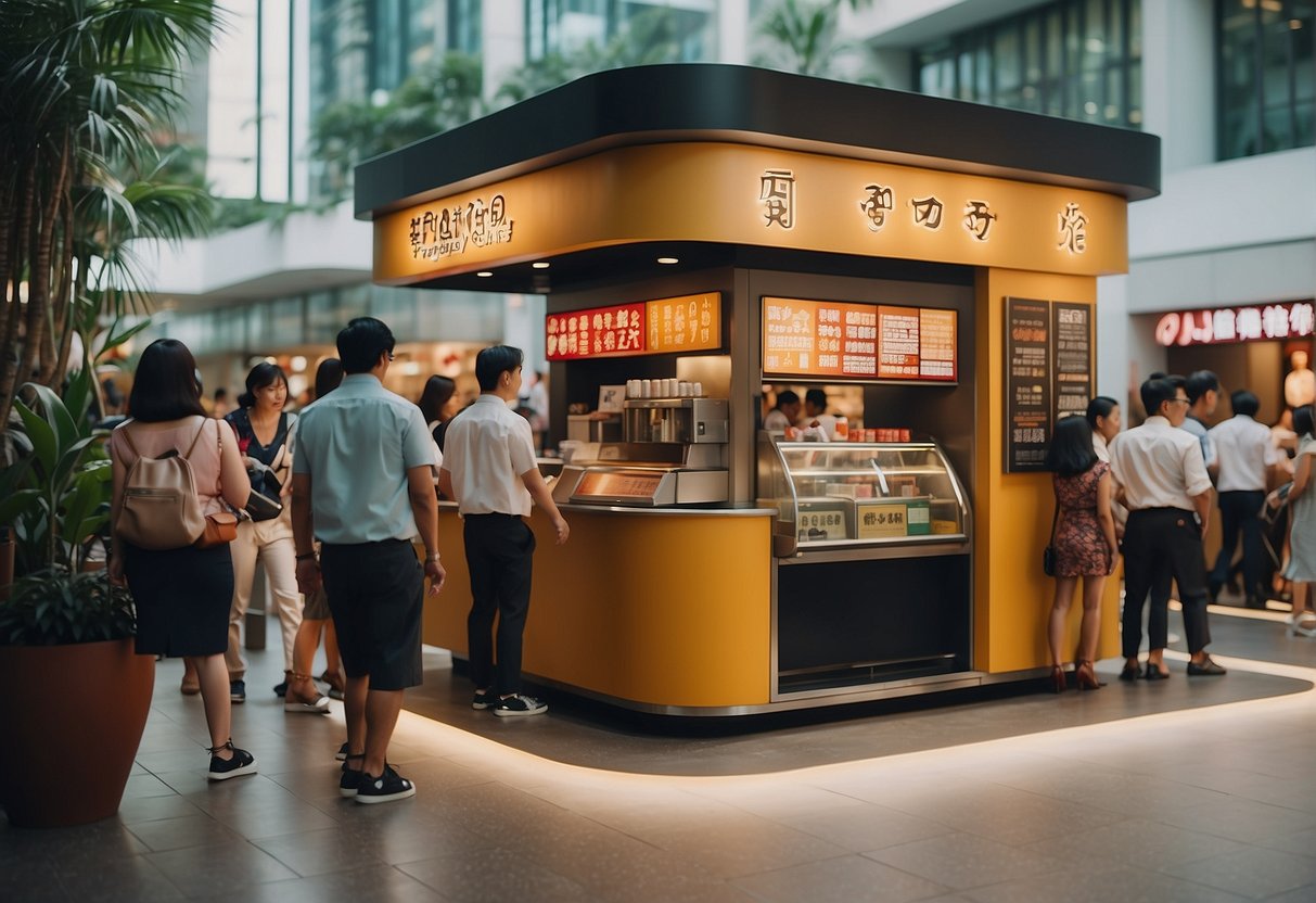 A colorful gong cha kiosk with a "Frequently Asked Questions" sign, surrounded by happy customers in a bustling Singapore mall