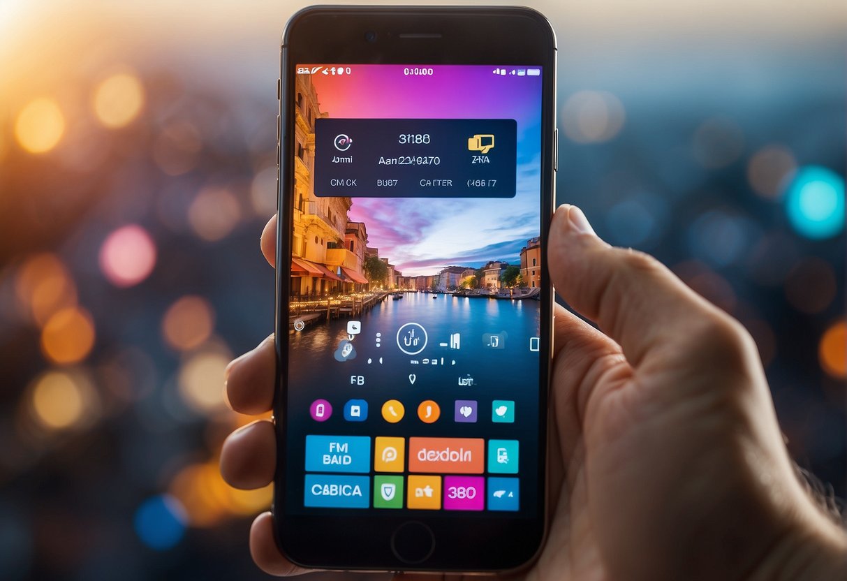 A hand holding a smartphone with a colorful filter interface on the screen, surrounded by various symbols representing different interests and preferences