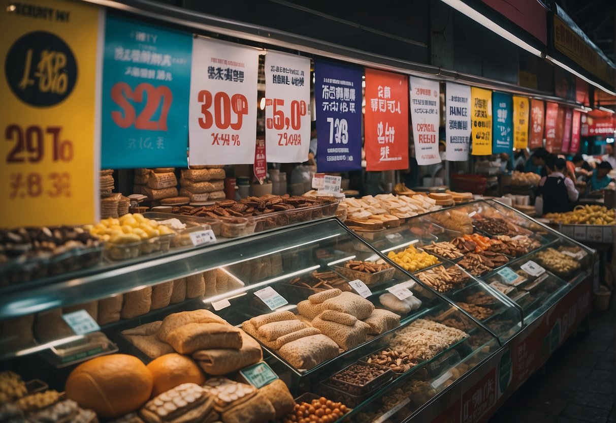 Various items on sale are displayed in a bustling Singapore market, with colorful banners and signs promoting discounts and special offers