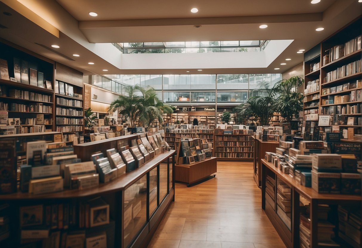 A crowded bookstore with prominent "Frequently Asked Questions" signage and various promotional materials in Singapore