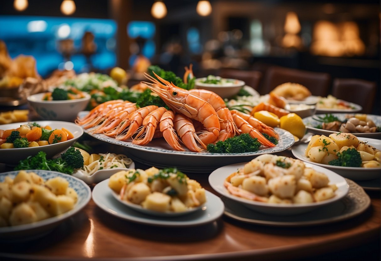 A table adorned with a variety of jumbo seafood delicacies, surrounded by elegant dining settings and vibrant promotional banners