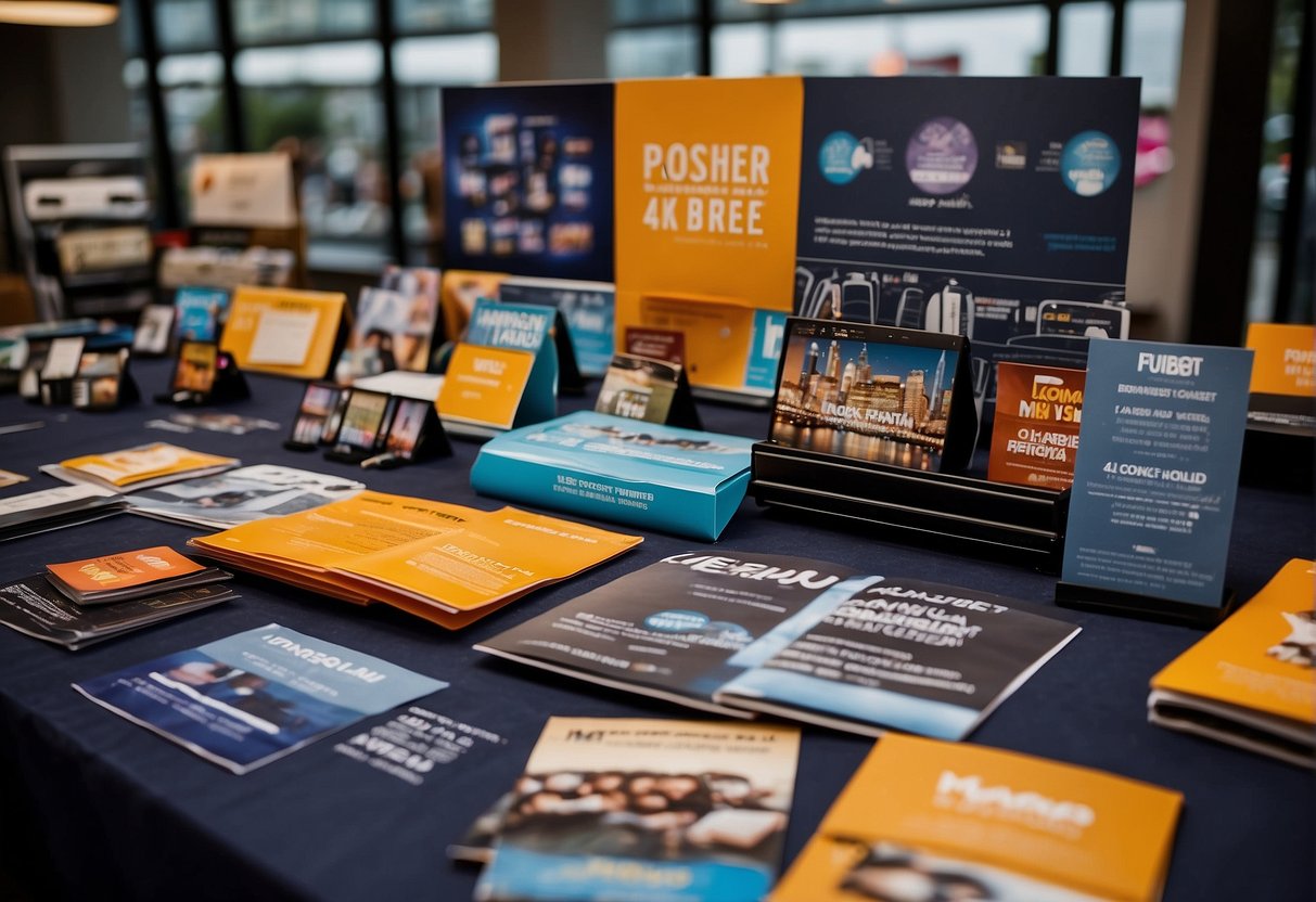 A display table with various promotional items, including flyers, brochures, and merchandise, arranged neatly with signage indicating upcoming promotions