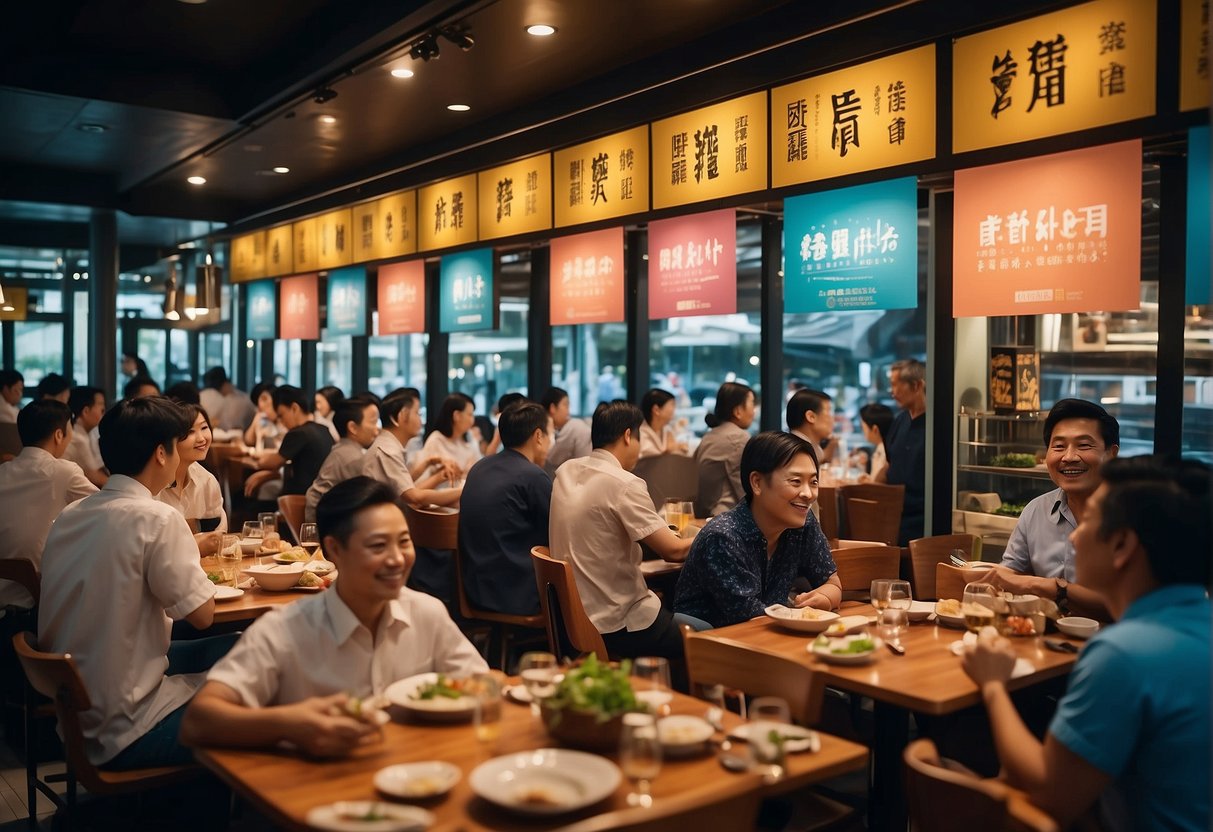 A bustling seafood restaurant with colorful banners promoting jumbo seafood promotions in Singapore. Tables are filled with happy diners enjoying the delicious seafood dishes