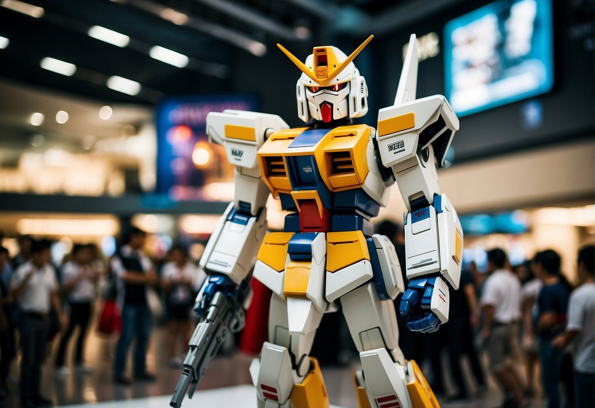 Gundam models displayed at a Singapore mall, surrounded by enthusiastic fans and promotional banners