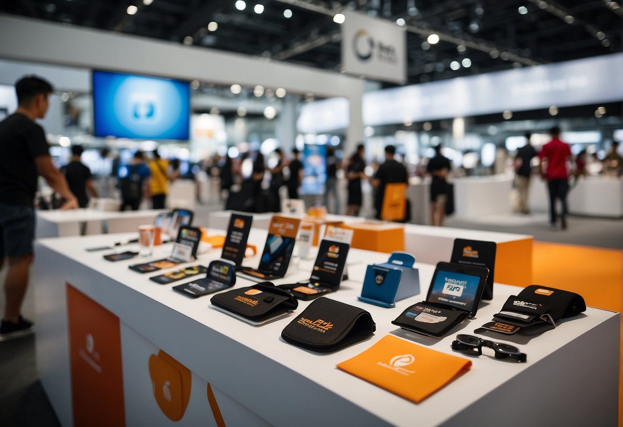 Various brands and companies display promotional items at a trade show in Singapore. Tables are filled with branded merchandise and colorful banners hang overhead